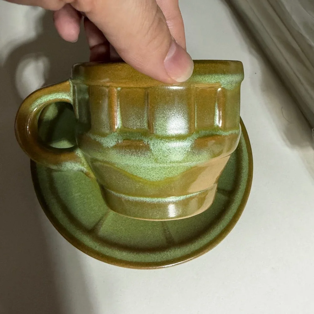 Frankoma Pottery Prairie Green Wagon Wheel Cup and Saucer Set 94S Vintage